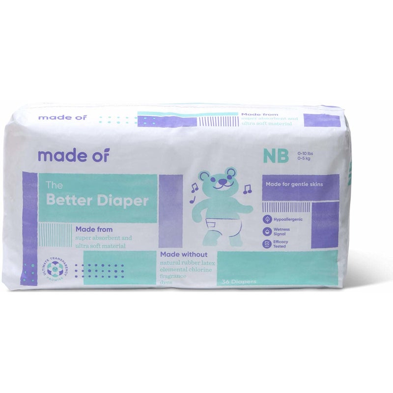 MADE OF The Better Baby Diapers - Hypoallergenic Diapers for Sensitive Skin, Unscented, 10 Hour Absorbency - Pediatrician and Dermatologist Tested - Size 0 (36 Count) - Image 1